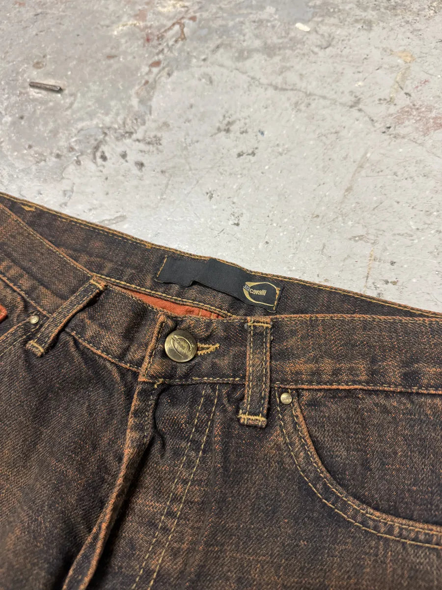 2000s Cavalli Straight Large Orange Velvet & Faded Denim Jeans (S) 9