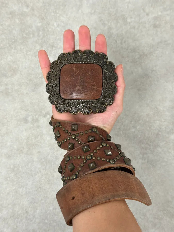 2000s Cavalli Studded Brown Leather Belt GHWyWCd 0