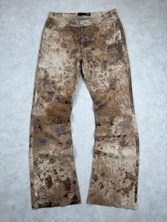 2000s Cavalli Textured Gradient Leather Brown & Beige Marble Pants XvrNBpX 3