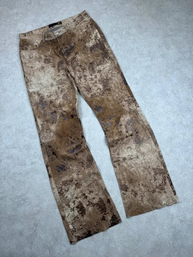 2000s Cavalli Textured Gradient Leather Brown & Beige Marble Pants XvrNBpX 4