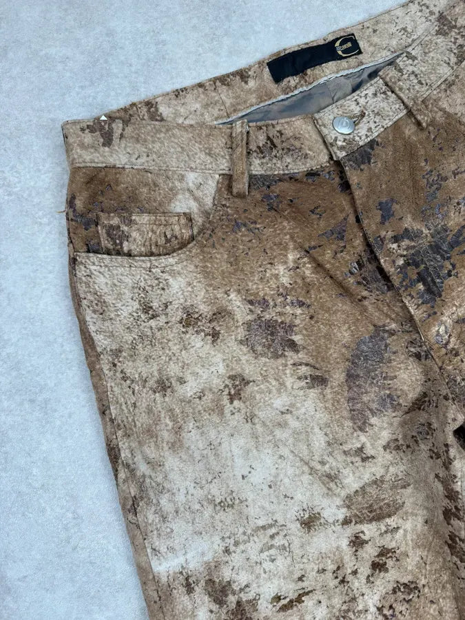 2000s Cavalli Textured Gradient Leather Brown & Beige Marble Pants XvrNBpX 6