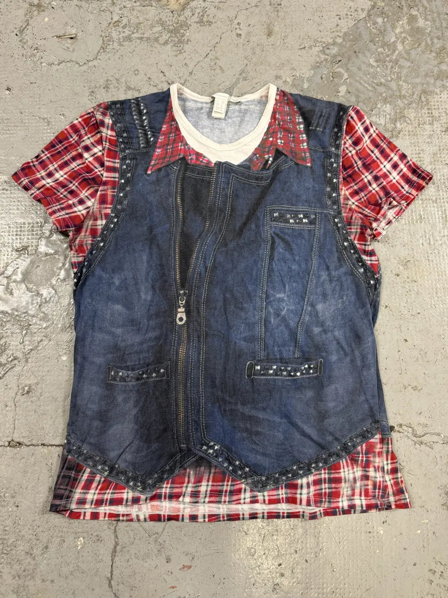 2000s Cavalli Trompe L’Oeil Denim Blue & Red Tartan T-Shirt MGMiNSm 0