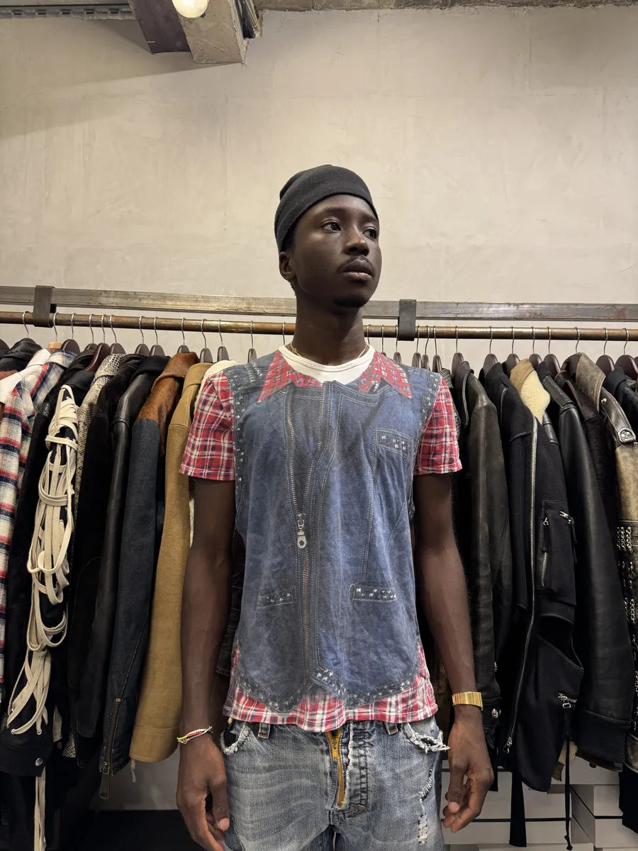 2000s Cavalli Trompe L’Oeil Denim Blue & Red Tartan T-Shirt MGMiNSm 1