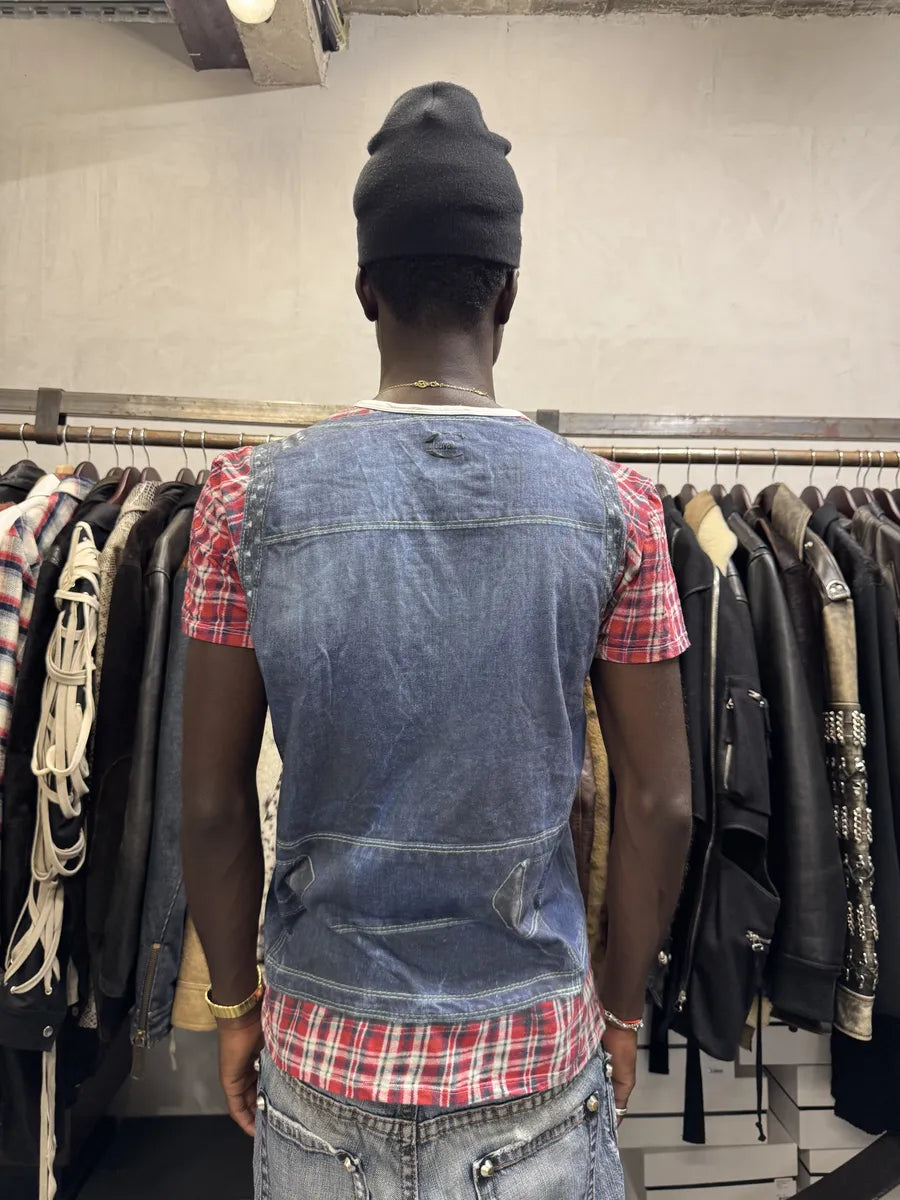 2000s Cavalli Trompe L’Oeil Denim Blue & Red Tartan T-Shirt MGMiNSm 2