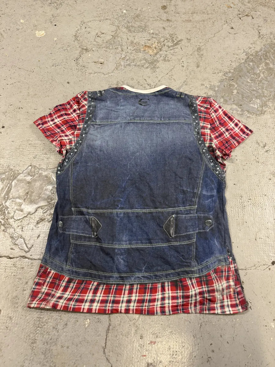 2000s Cavalli Trompe L’Oeil Denim Blue & Red Tartan T-Shirt MGMiNSm 3