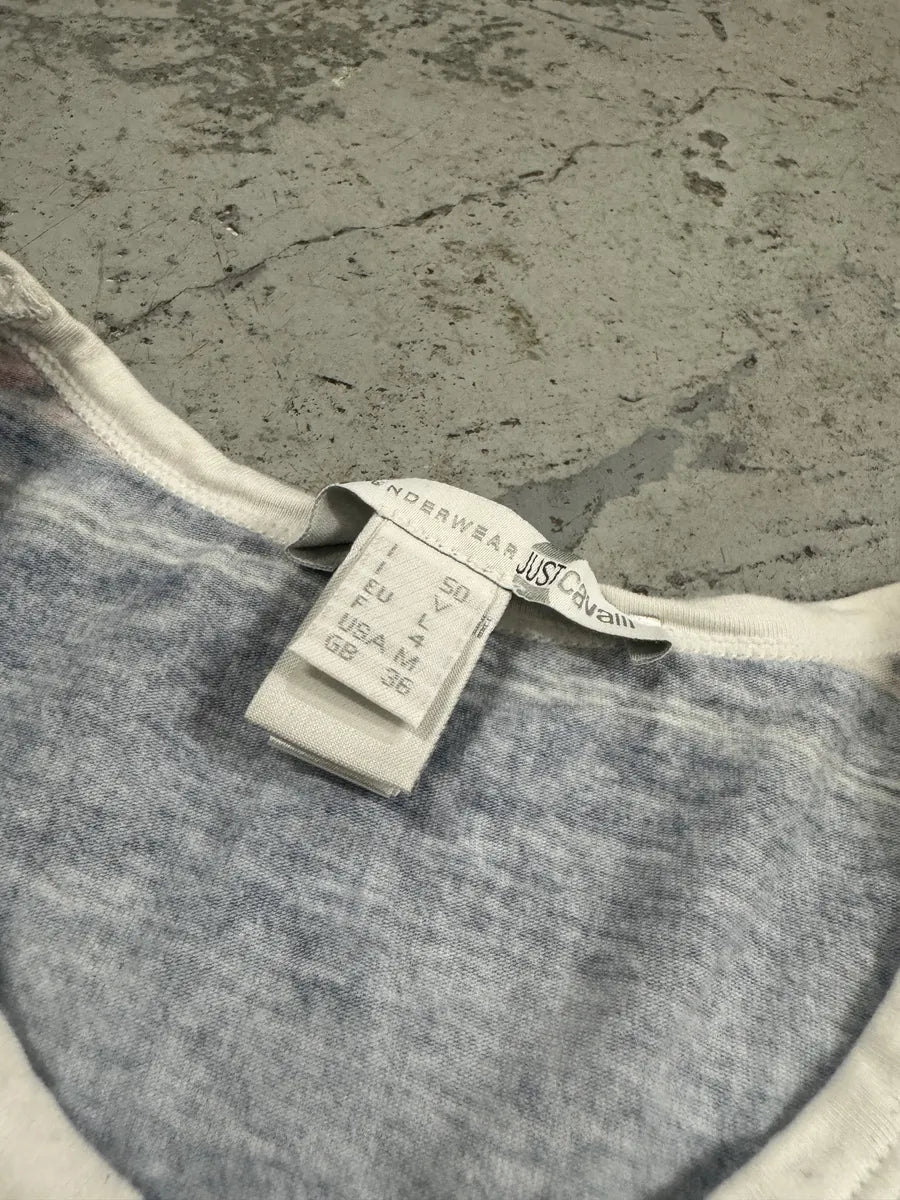 2000s Cavalli Trompe L’Oeil Denim Blue & Red Tartan T-Shirt MGMiNSm 4