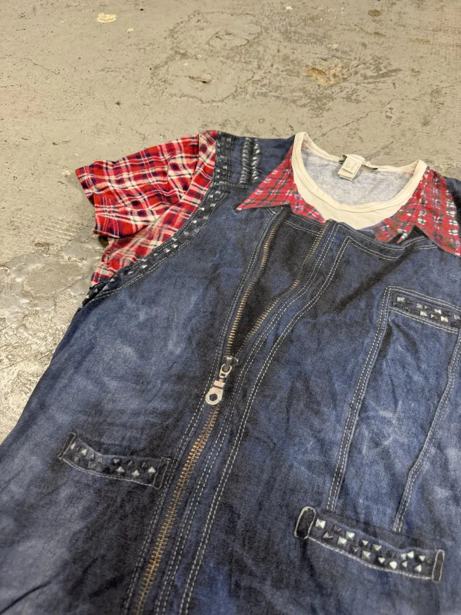 2000s Cavalli Trompe L’Oeil Denim Blue & Red Tartan T-Shirt MGMiNSm 5