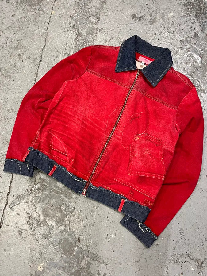 2000s Cavalli Trompe L’Oeil Red Denim Jacket eBBWlWi 3