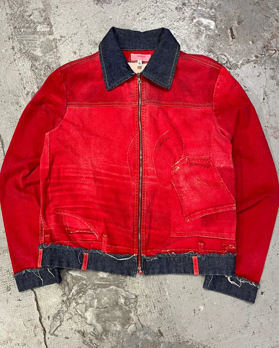 2000s Cavalli Trompe L’Oeil Red Denim Jacket eBBWlWi 0