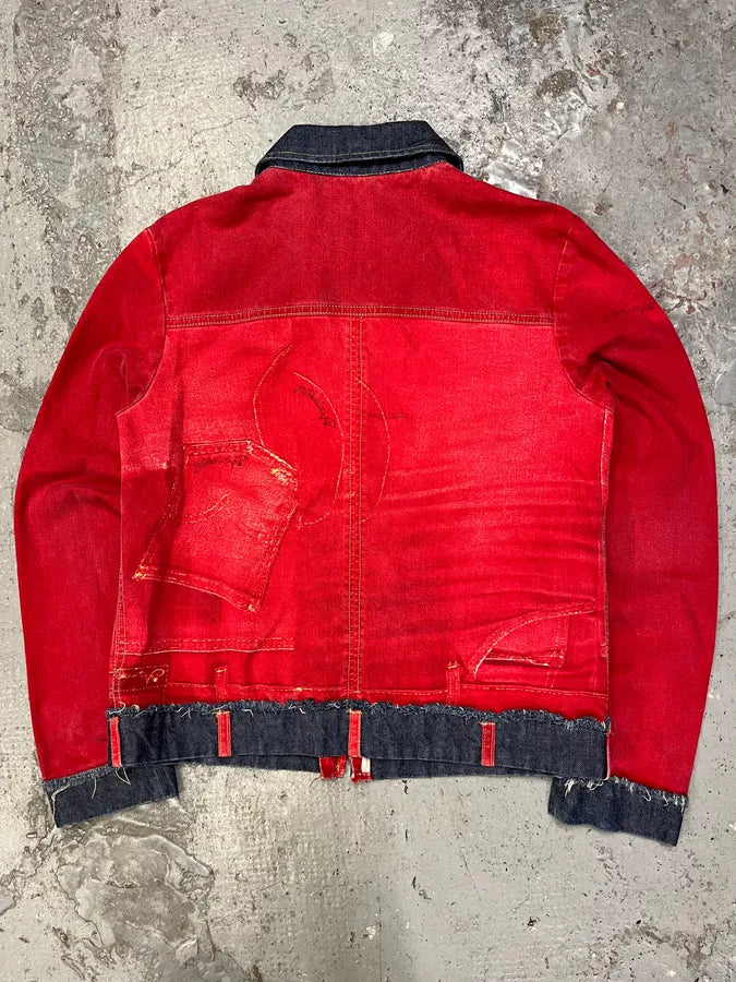 2000s Cavalli Trompe L’Oeil Red Denim Jacket eBBWlWi 5