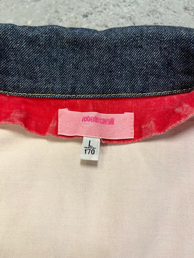 2000s Cavalli Trompe L’Oeil Red Denim Jacket eBBWlWi 7