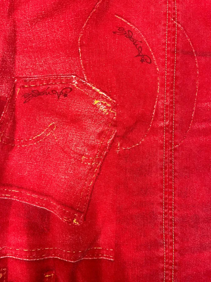 2000s Cavalli Trompe L’Oeil Red Denim Jacket eBBWlWi 6
