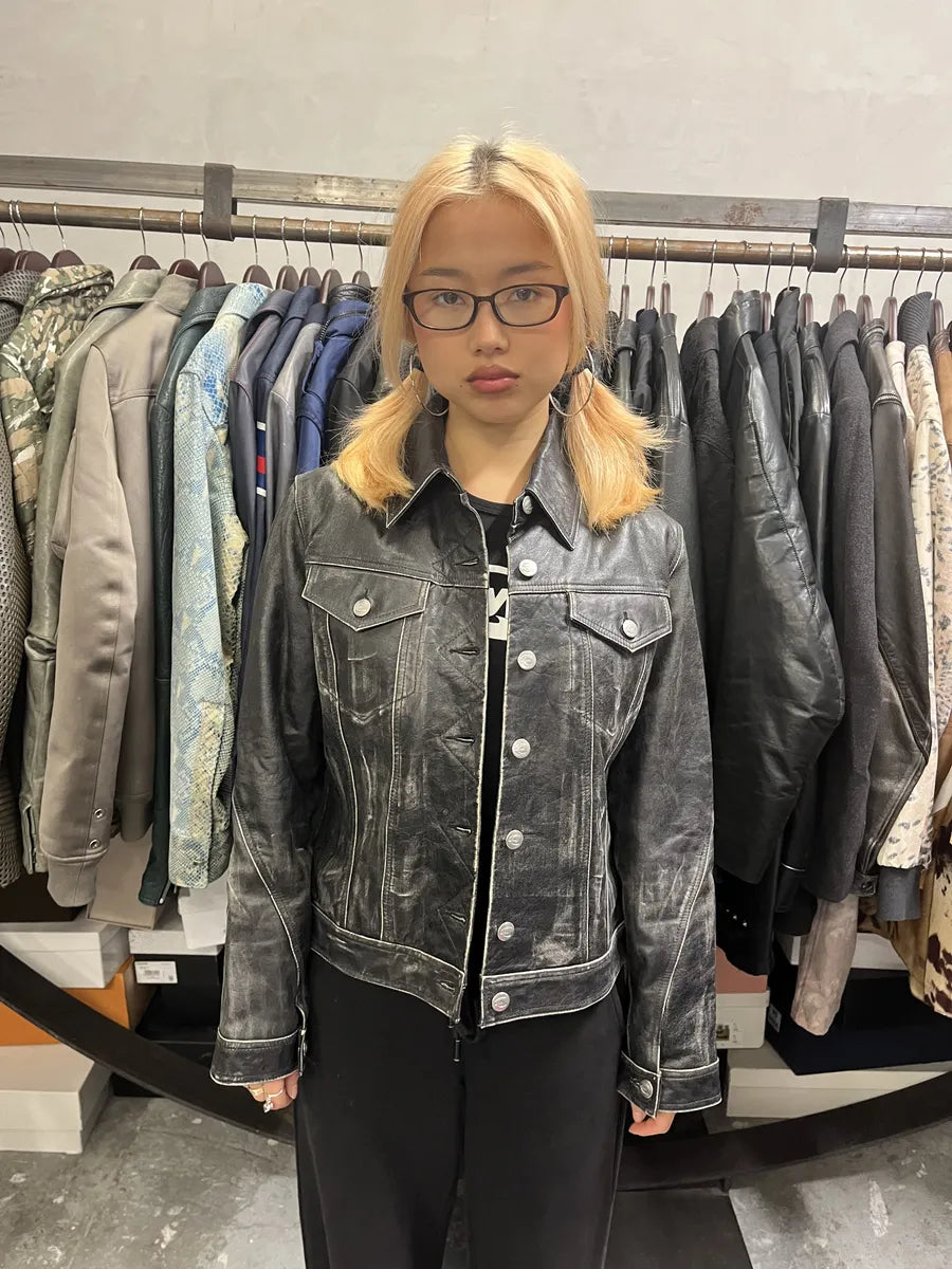 2000s Cavalli Trucker Raw Leather Jacket sDXbwCl 1