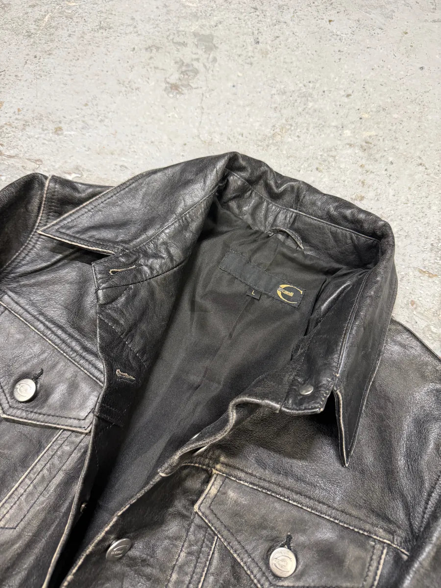 2000s Cavalli Trucker Raw Leather Jacket sDXbwCl 8