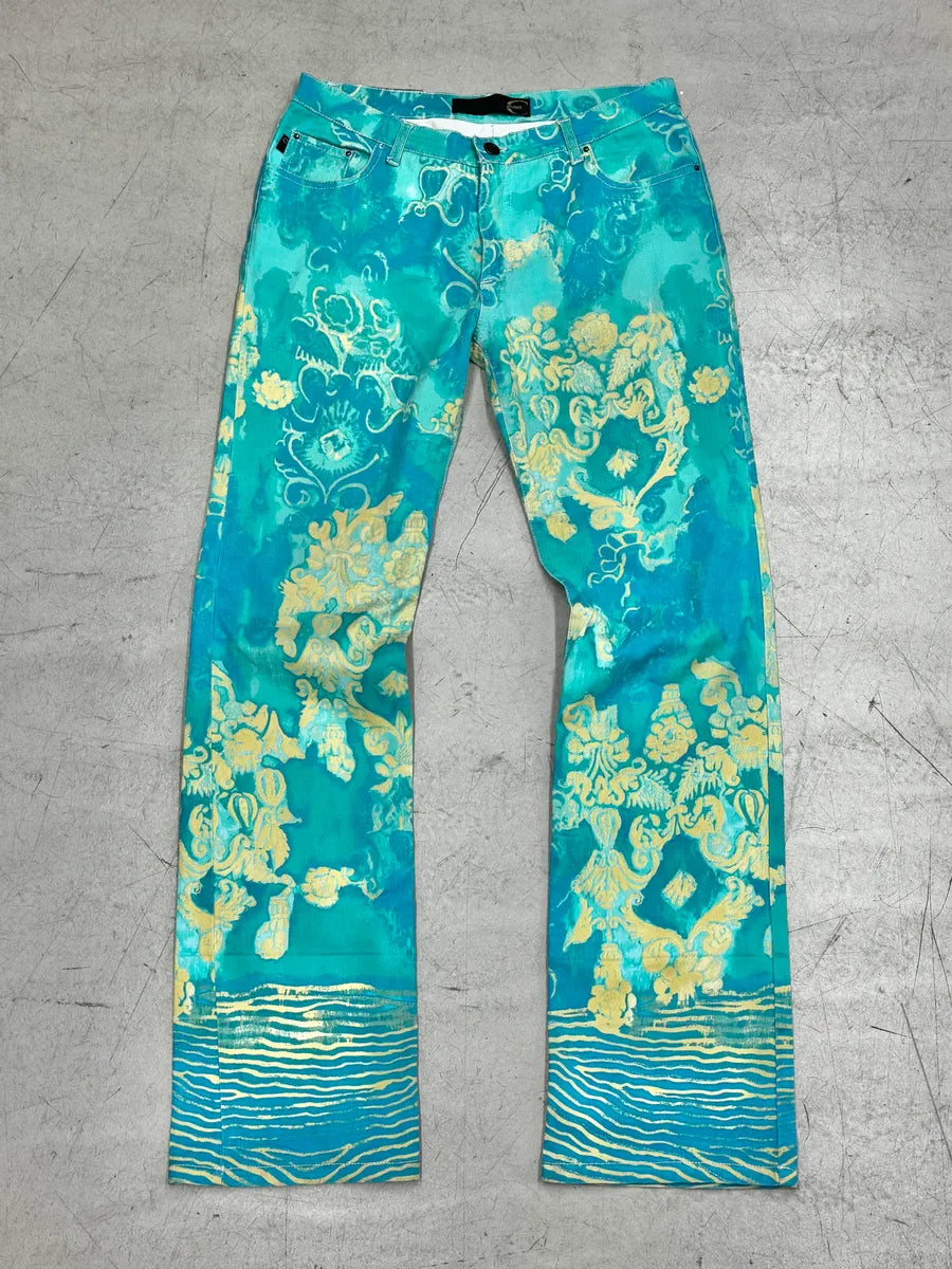 2000s Cavalli Turquoise Denim Exotic Print Pants qomypox 0