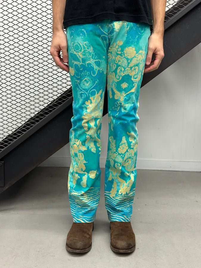 2000s Cavalli Turquoise Denim Exotic Print Pants qomypox 1