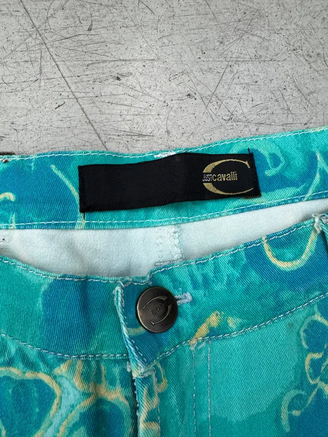 2000s Cavalli Turquoise Denim Exotic Print Pants qomypox 6