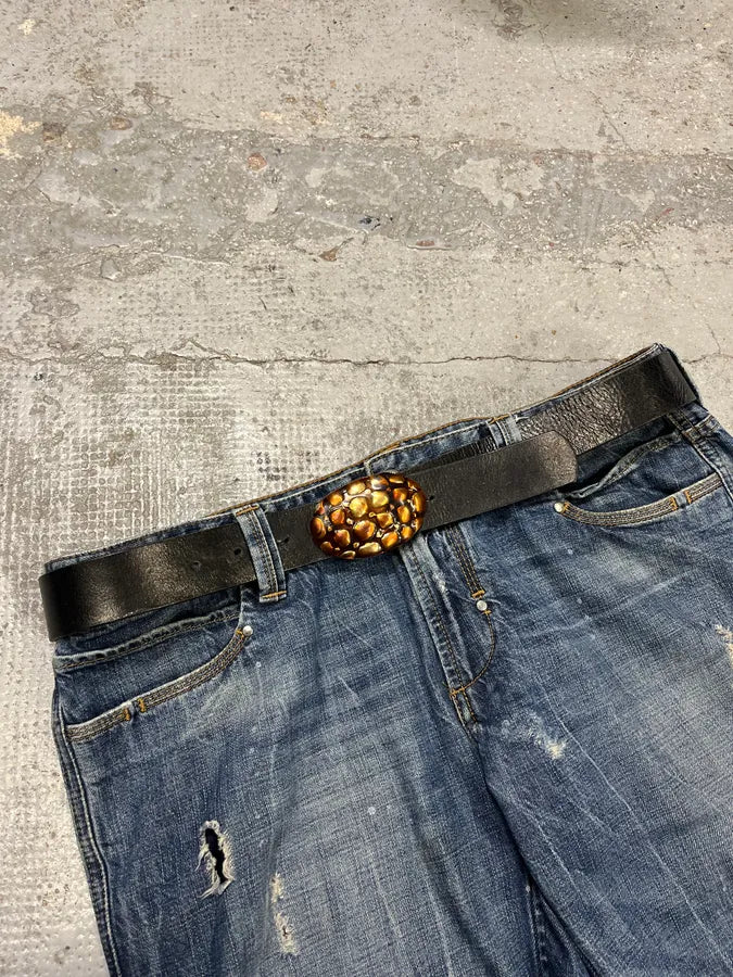 2000s Cavalli Turtle Shell Black Leather Belt qcDAdLv 0