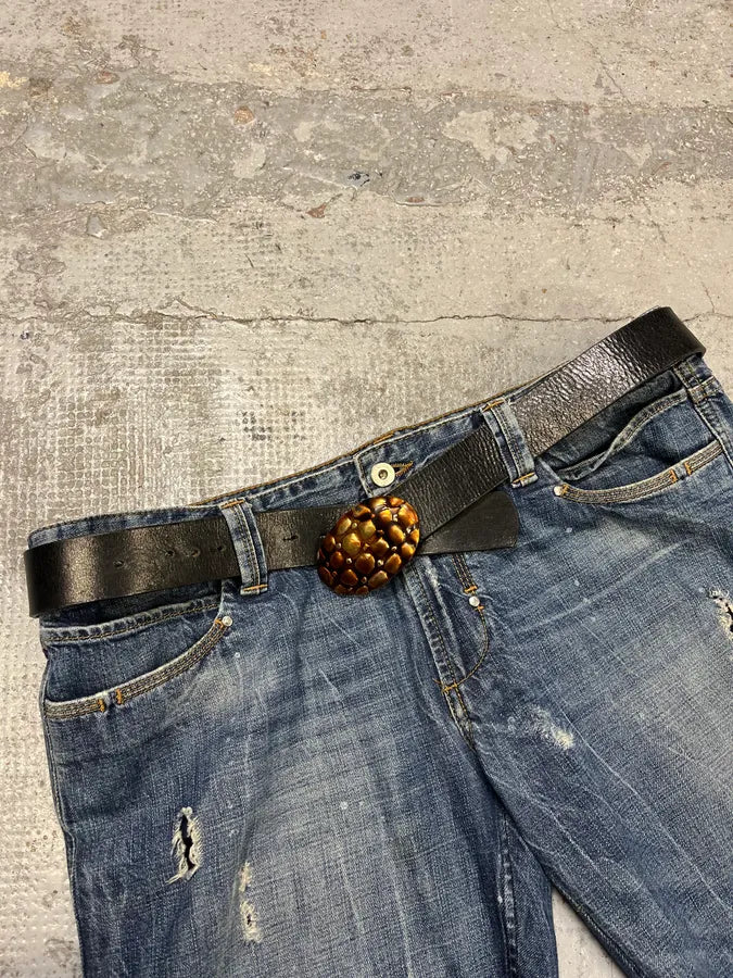 2000s Cavalli Turtle Shell Black Leather Belt qcDAdLv 2