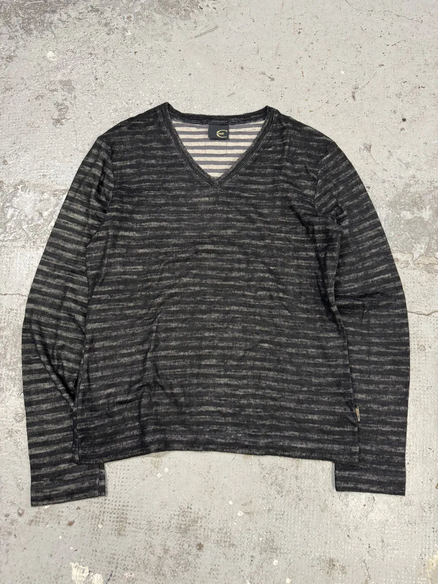 2000s Cavalli V Neck Anthracite Wool Striped Sweater tgDqabx 0