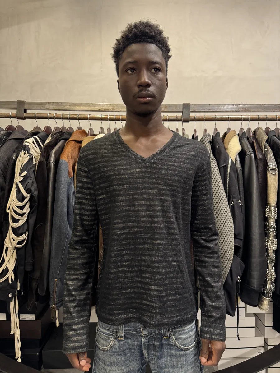 2000s Cavalli V Neck Anthracite Wool Striped Sweater tgDqabx 1