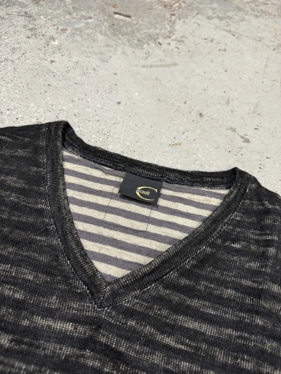 2000s Cavalli V Neck Anthracite Wool Striped Sweater tgDqabx 6
