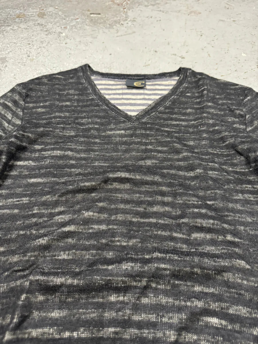 2000s Cavalli V Neck Anthracite Wool Striped Sweater tgDqabx 7