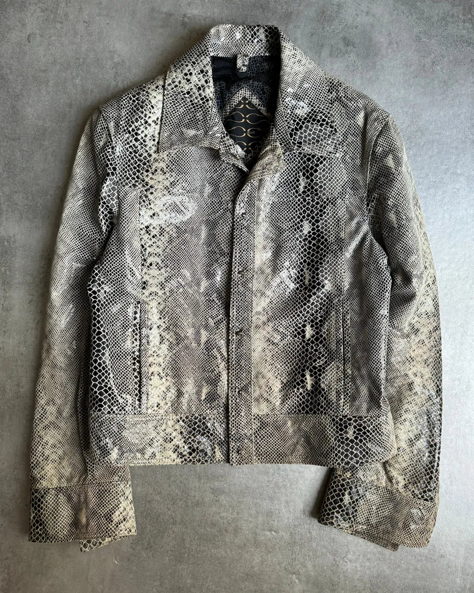 2000s Cavalli Varnished Python Skin Grey Leather Jacket fyDjhBY 0