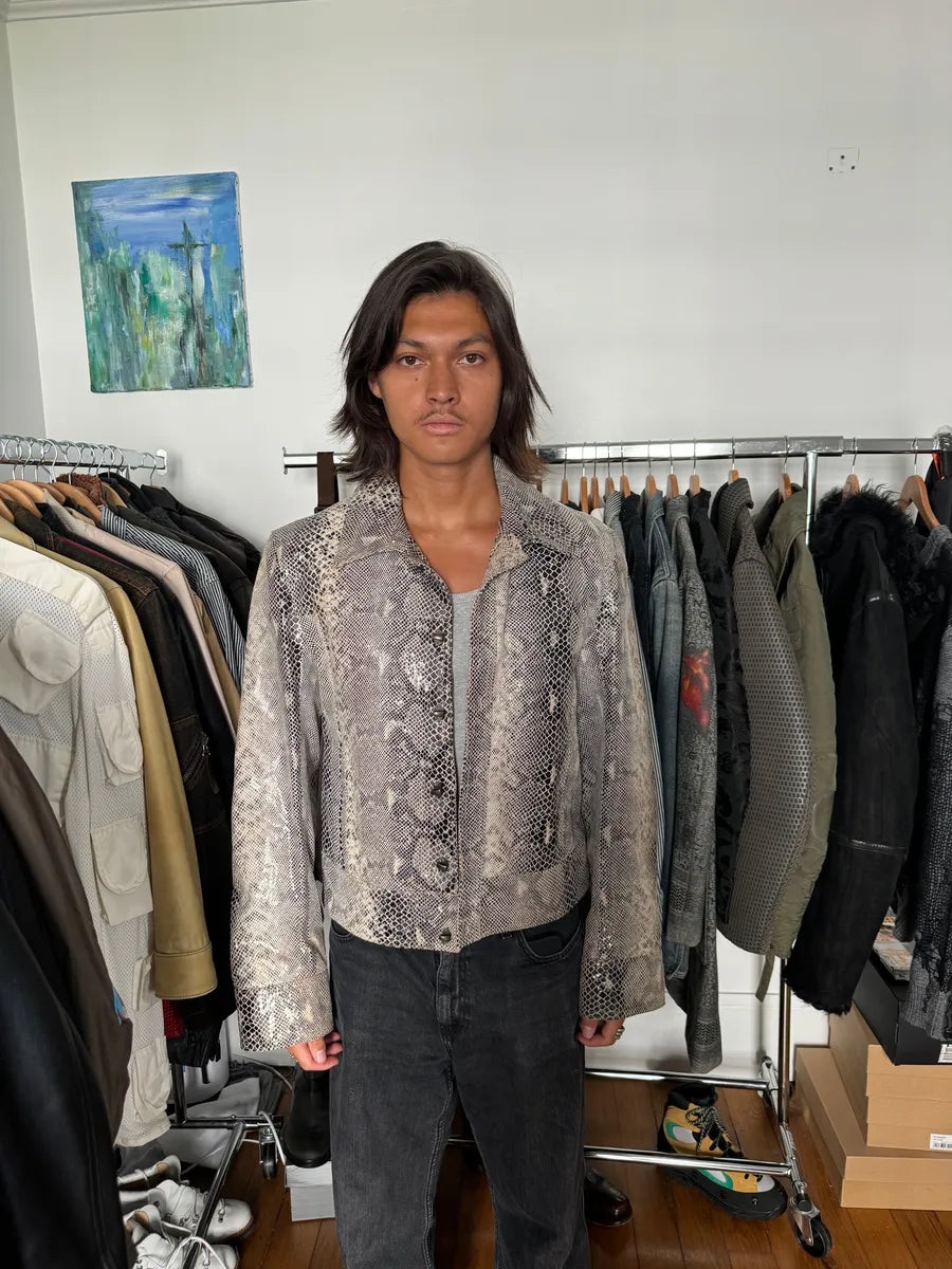 2000s Cavalli Varnished Python Skin Grey Leather Jacket fyDjhBY 1