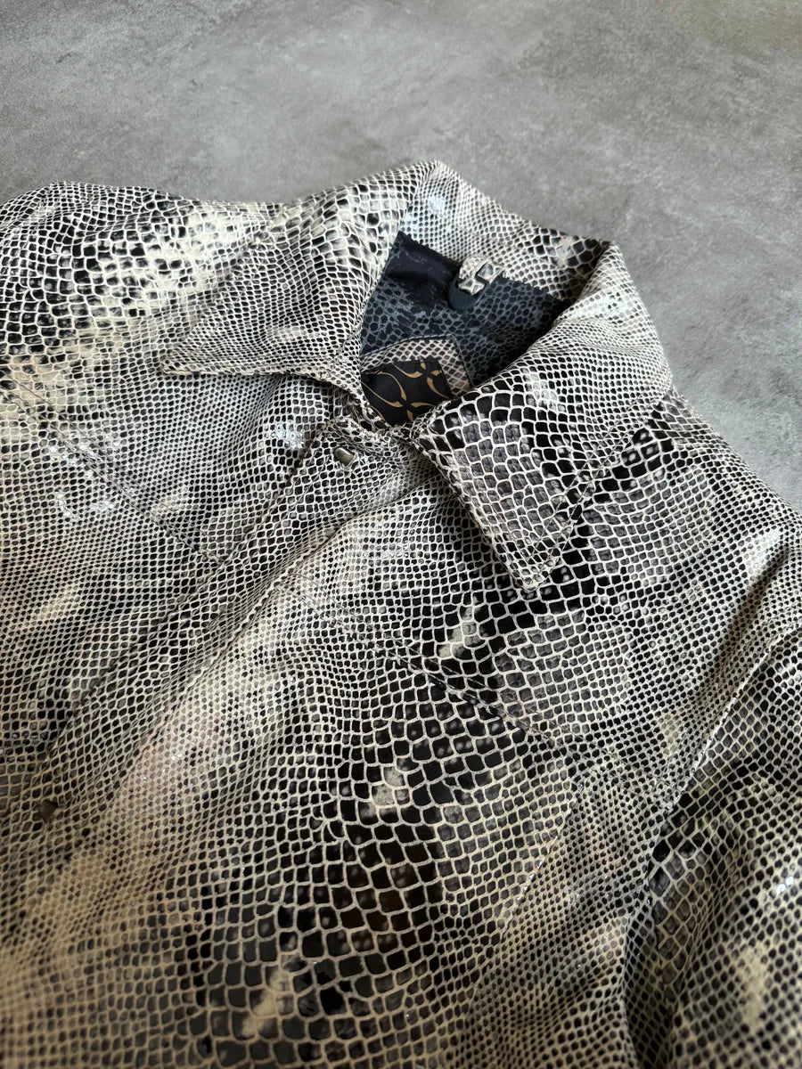 2000s Cavalli Varnished Python Skin Grey Leather Jacket fyDjhBY 11