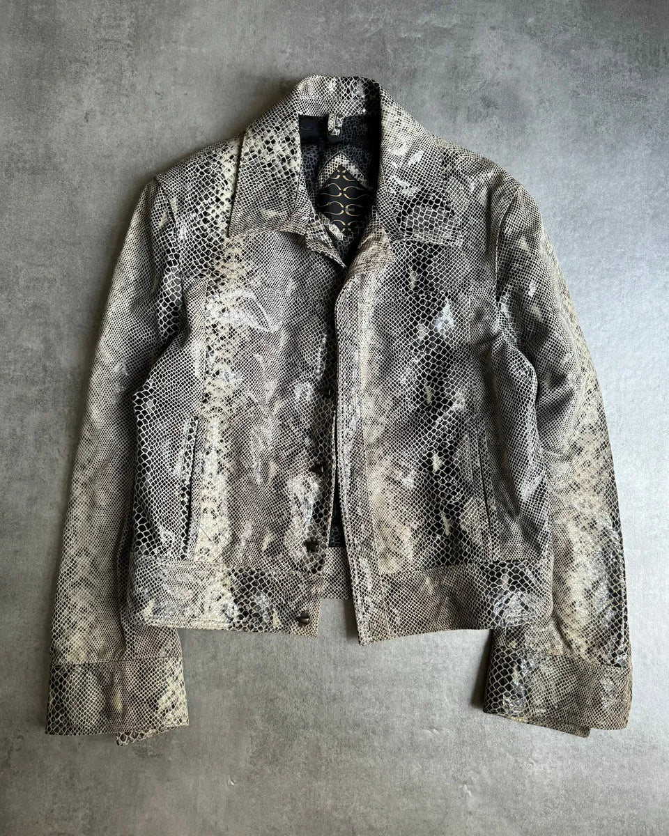 2000s Cavalli Varnished Python Skin Grey Leather Jacket fyDjhBY 4