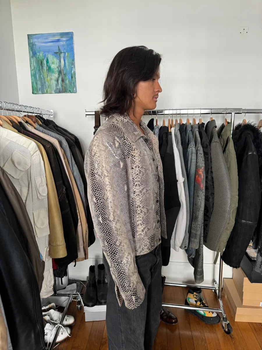 2000s Cavalli Varnished Python Skin Grey Leather Jacket fyDjhBY 5