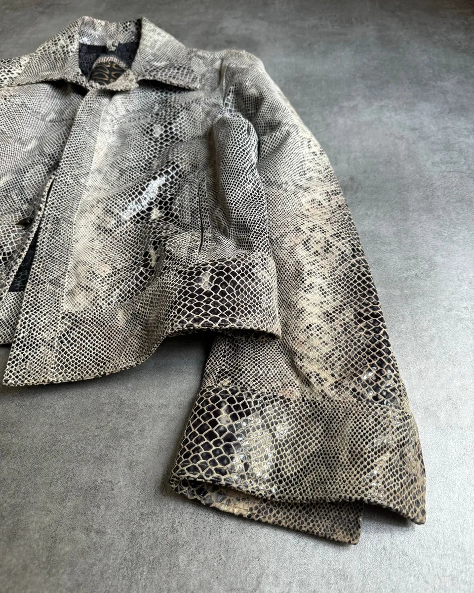 2000s Cavalli Varnished Python Skin Grey Leather Jacket fyDjhBY 6