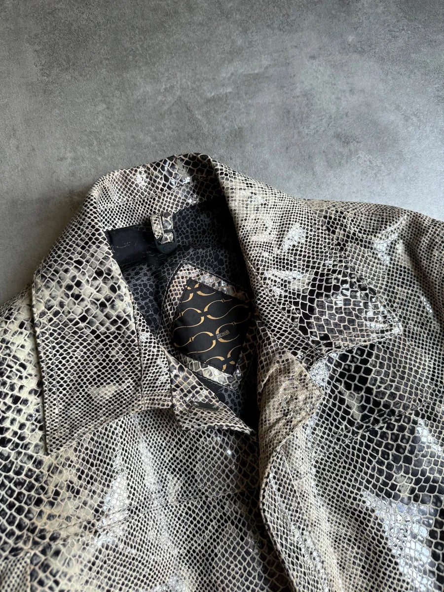 2000s Cavalli Varnished Python Skin Grey Leather Jacket fyDjhBY 8