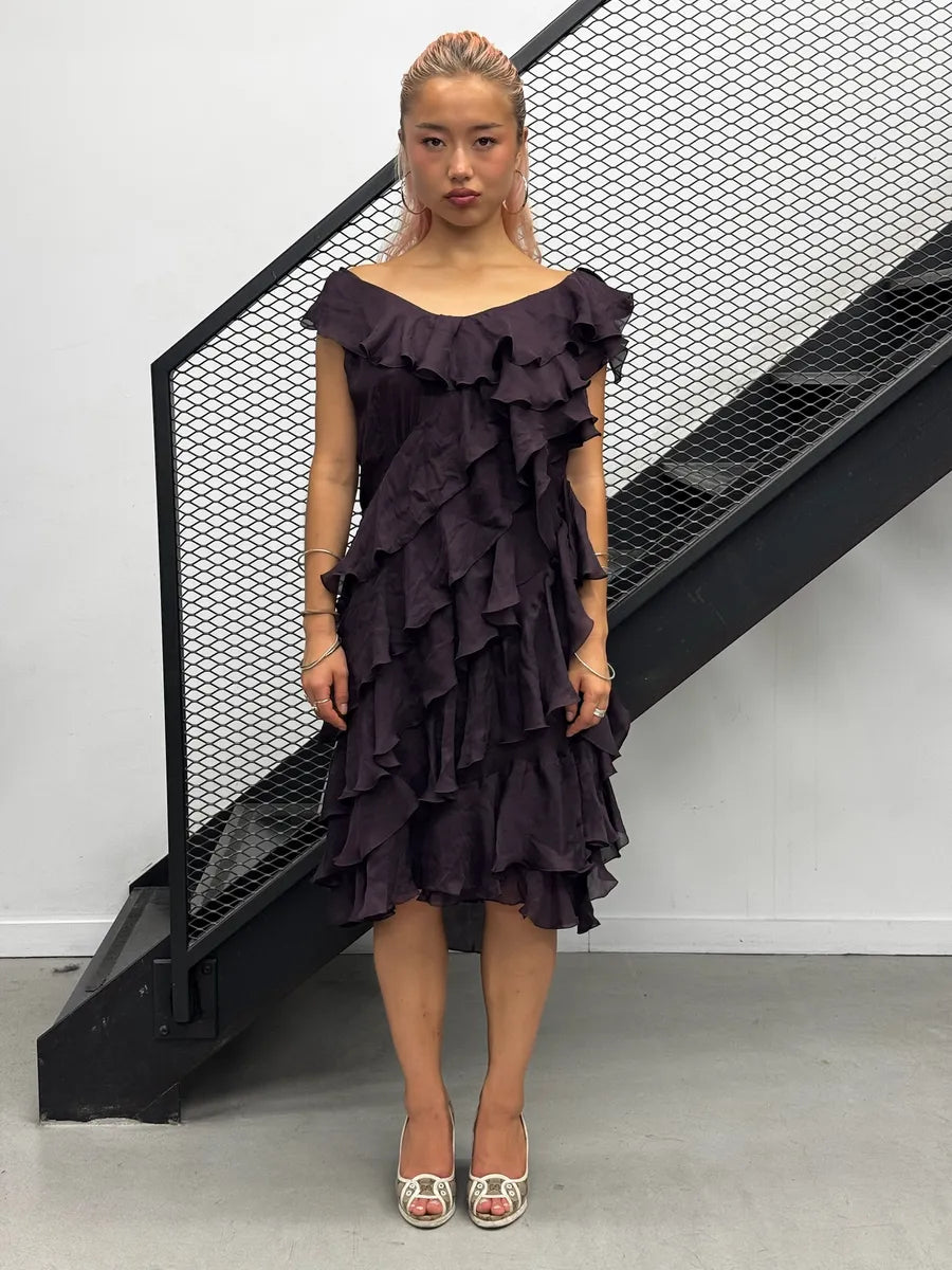 2000s Cavalli Purple Mauve Silk Ruffle Maxi Dress DjYNQhW 0