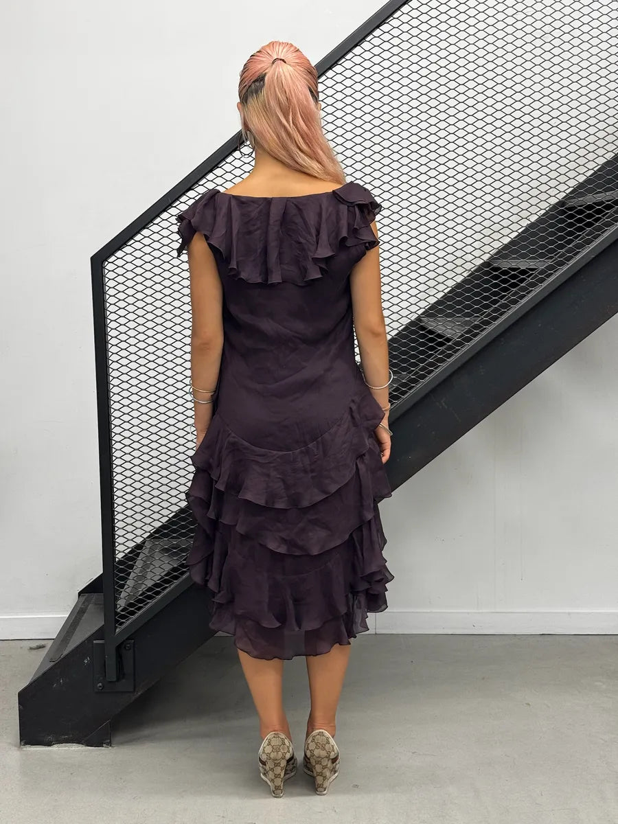 2000s Cavalli Purple Mauve Silk Ruffle Maxi Dress DjYNQhW 2