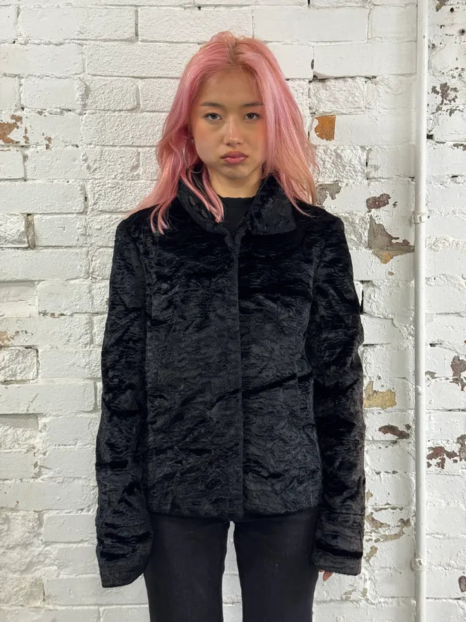 2000s Cavalli Wavy Black Faux Fur Jacket aiTUjGn 1