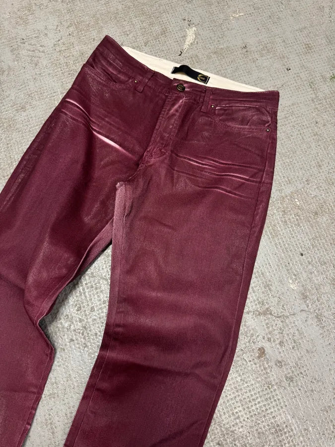 2000s Cavalli Waxed Burgundy Overprint Pants itjygCk 4