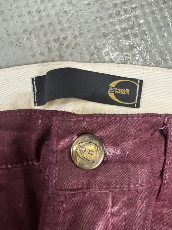 2000s Cavalli Waxed Burgundy Overprint Pants itjygCk 7