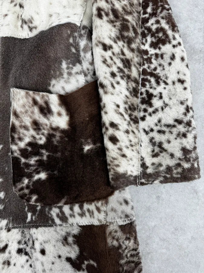 2000s Cavalli White & Brown Faux Fur Cow Effect Leather Trench Coat WaLkTEF 7