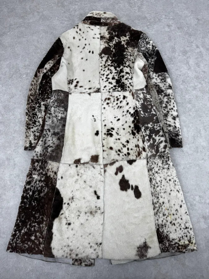 2000s Cavalli White & Brown Faux Fur Cow Effect Leather Trench Coat WaLkTEF 3