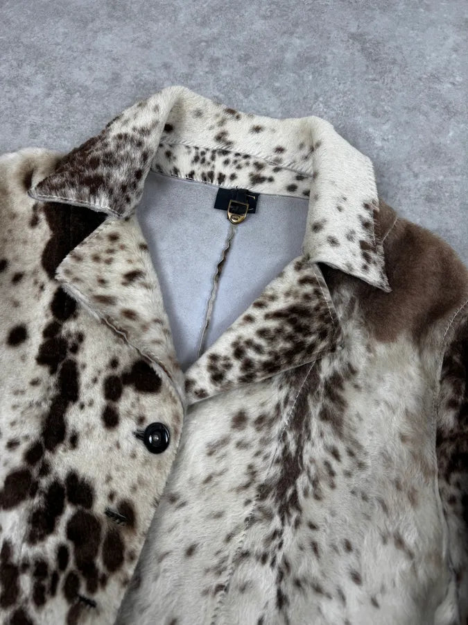 2000s Cavalli White & Brown Faux Fur Cow Effect Leather Trench Coat WaLkTEF 4