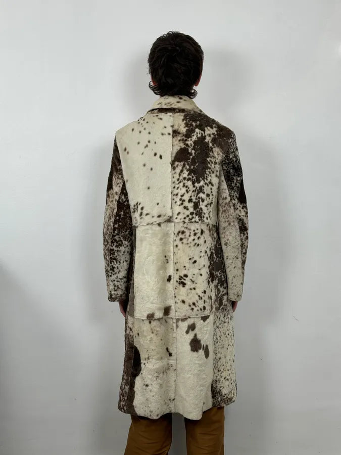 2000s Cavalli White & Brown Faux Fur Cow Effect Leather Trench Coat WaLkTEF 2