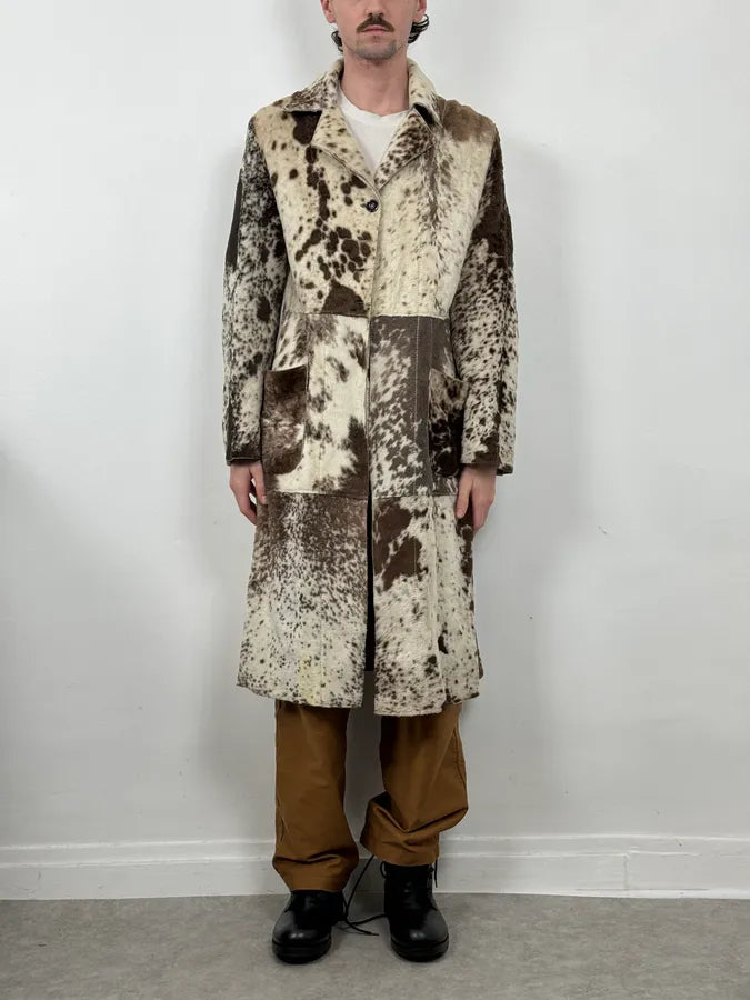 2000s Cavalli White & Brown Faux Fur Cow Effect Leather Trench Coat WaLkTEF 1