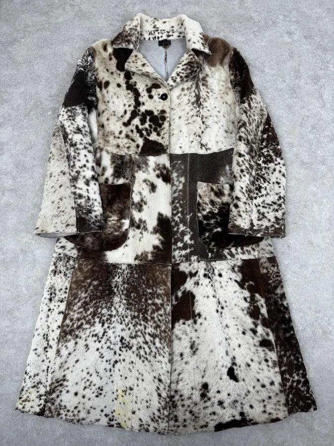 2000s Cavalli White & Brown Faux Fur Cow Effect Leather Trench Coat WaLkTEF 0