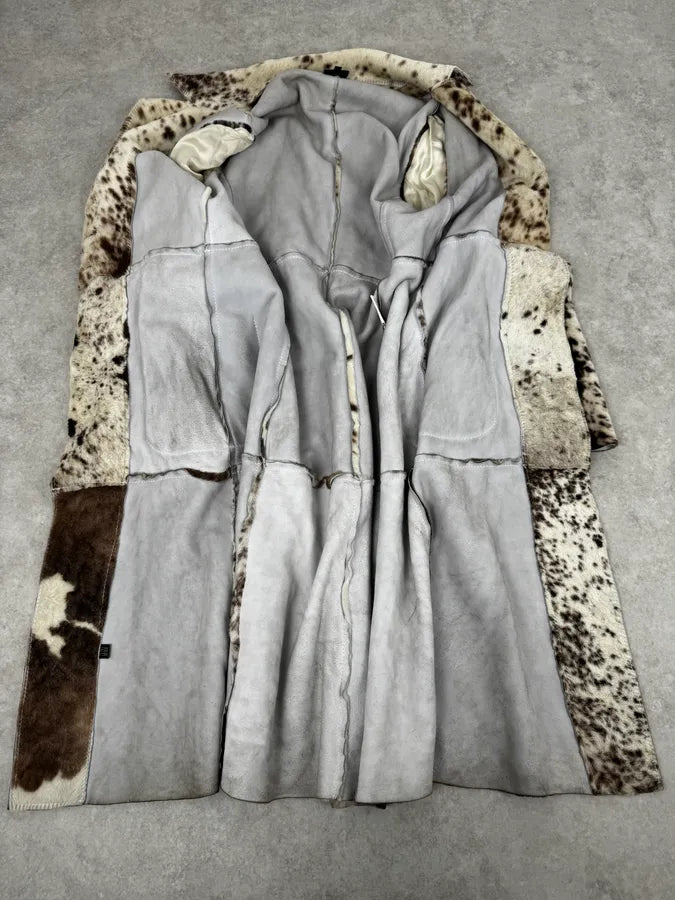 2000s Cavalli White & Brown Faux Fur Cow Effect Leather Trench Coat WaLkTEF 6