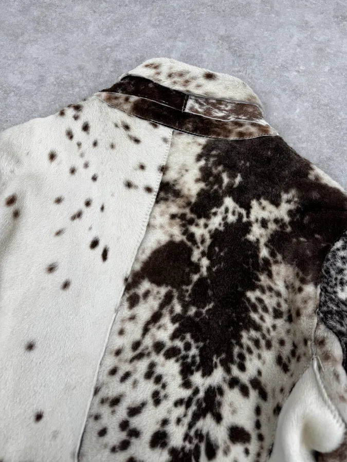 2000s Cavalli White & Brown Faux Fur Cow Effect Leather Trench Coat WaLkTEF 5