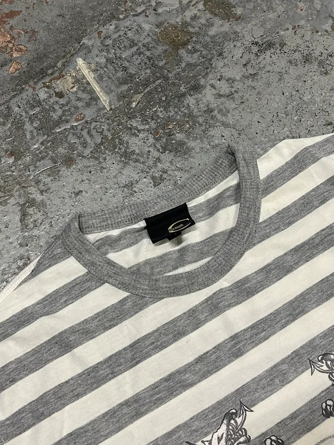 2000s Cavalli White & Grey Dragon Striped T-Shirt slzqbAM 3