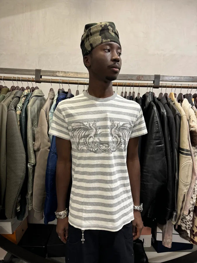 2000s Cavalli White & Grey Dragon Striped T-Shirt slzqbAM 1