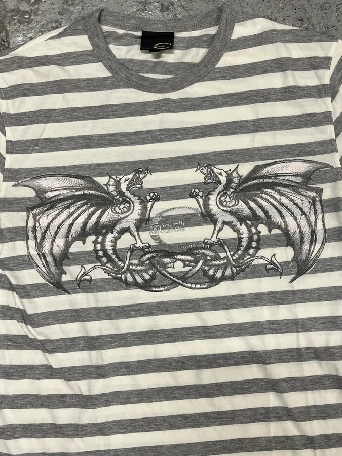 2000s Cavalli White & Grey Dragon Striped T-Shirt slzqbAM 4